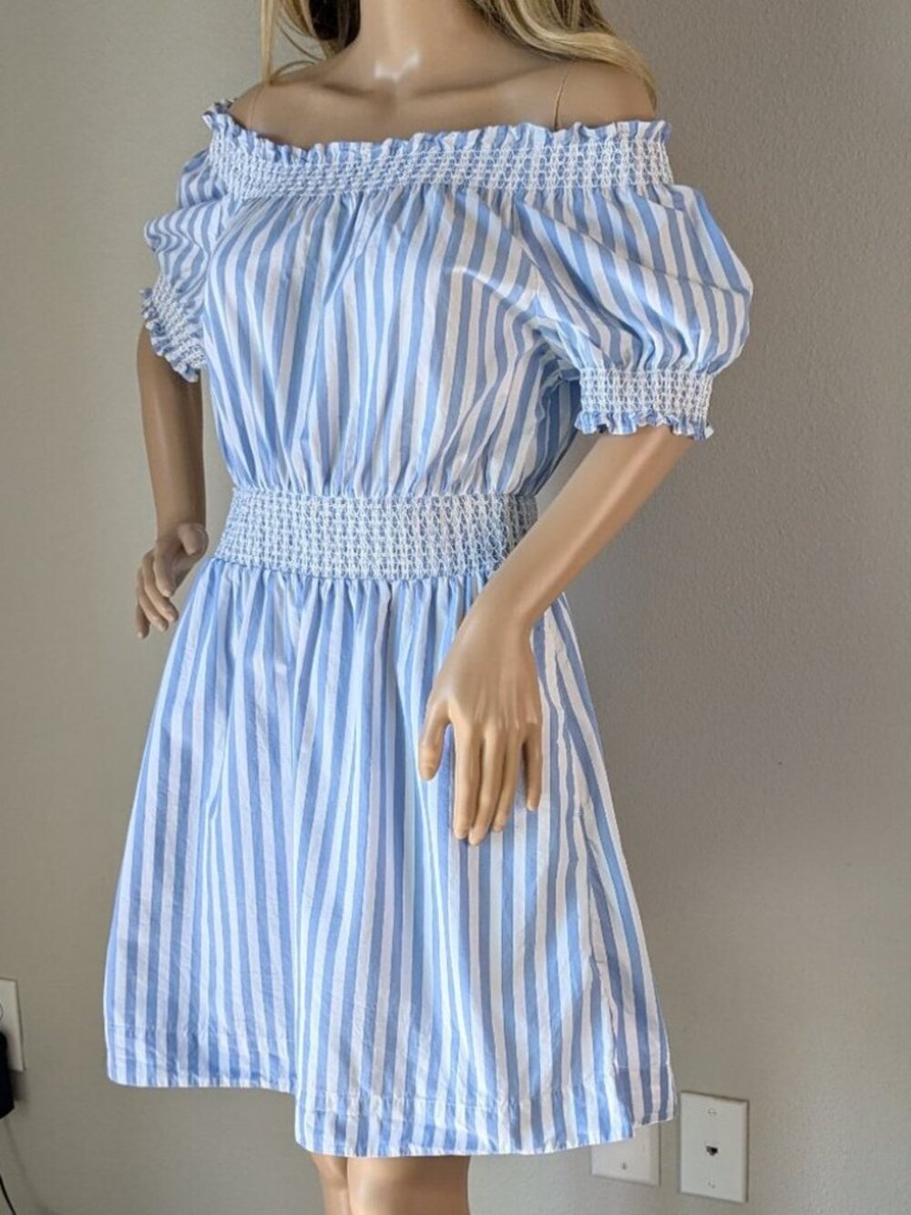 J. CREW Smocked Puff-sleeve Stripe Dress Medium AY884 Elastic waist Summer Dress